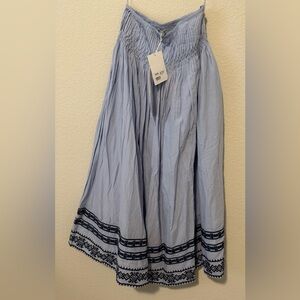 Blue Smocked Waist Maxi Skirt with Embroidered Hem